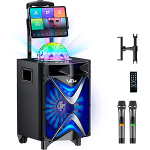 Karaoke Machine for Adults & Kids, VeGue Bluetooth PA Speaker System with 2 Wireless Microphones, Disco Ball, 10'' Subwoofer